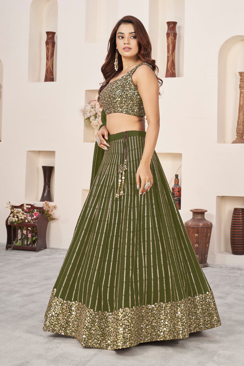 Aastha fashion olive georgrtte lehanga blouse fabric Sequins Zari Embroidered Work