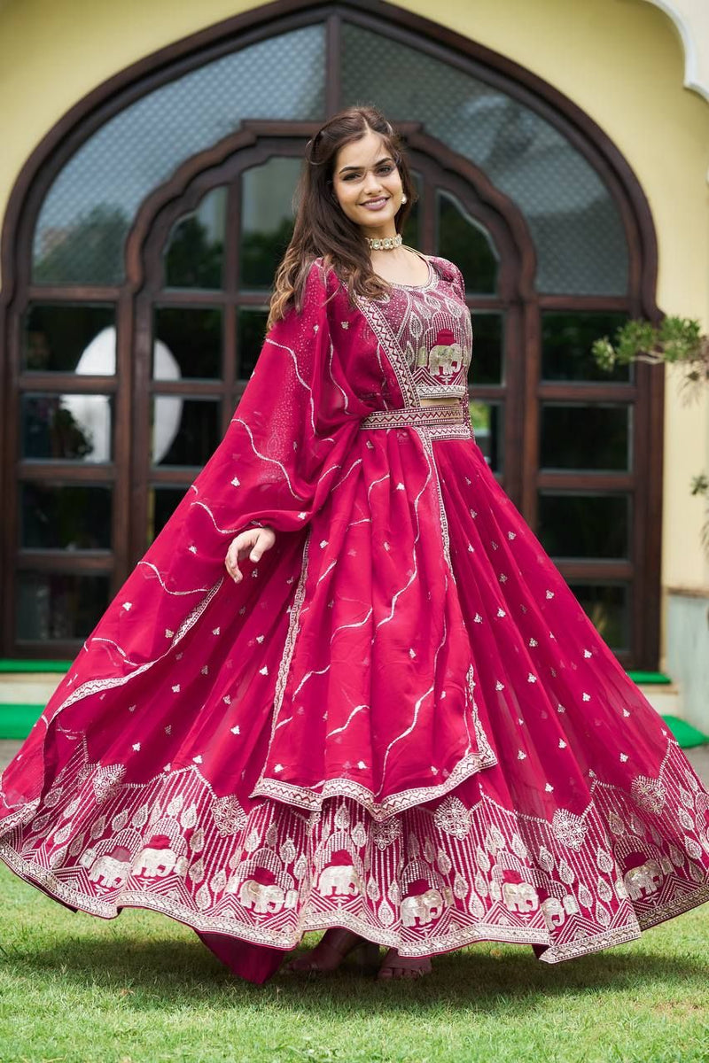 Aastha fashion Magenta Heavy Fox Georgette lehanga blouse fabric Embroidery Sequence Work with Belt