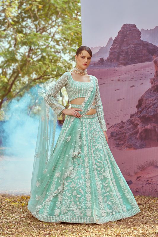 Aastha fashion Seagreen Organza lehanga blous Embroidery Work