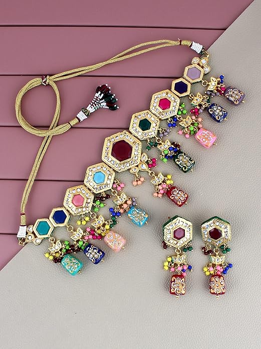 Tehzeeb Creation Back Meenakari 18k Gold Plated MultiColor Tika Earring Combo Jewellery Set Uncut Kundan Choker Necklace Set For Girl's & Women THZ422