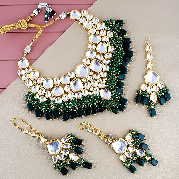 Tehzeeb Creation Back Meenakari 18k Gold Plated Green Color Tika Earring Combo Uncut Big Faux Kundan Choker Necklace Set THZ414