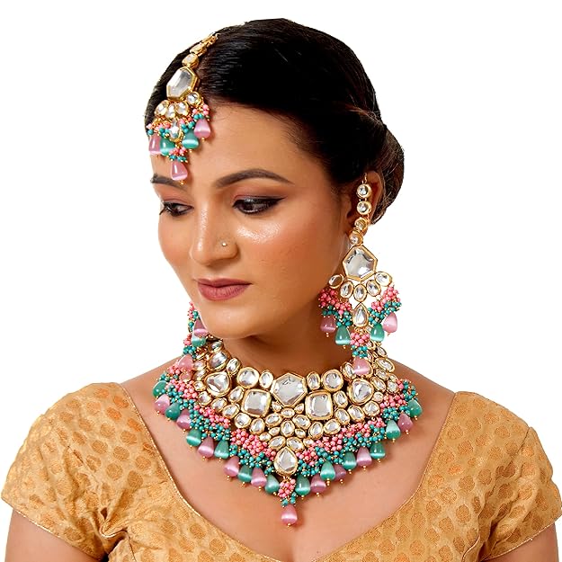 Tehzeeb Creation Meenakari 18K Gold plated Multi color Uncut dibbi Kundan Combo Necklace Set THZ409