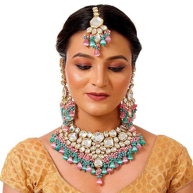 Tehzeeb Creation Meenakari 18K Gold plated Multi color Uncut dibbi Kundan Combo Necklace Set THZ409
