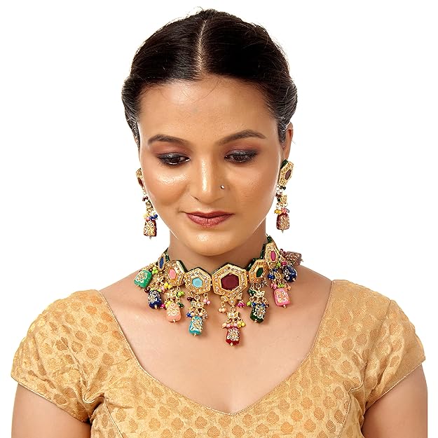 Tehzeeb Creation Back Meenakari 18k Gold Plated MultiColor Tika Earring Combo Jewellery Set Uncut Kundan Choker Necklace Set For Girl's & Women THZ422