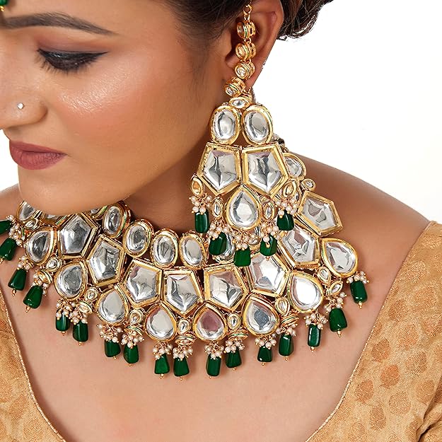 Tehzeeb Creation Meenakari 18K Gold Plated Green Color Rectangular Shape Uncut Kundan Combo Necklace Set THZ451