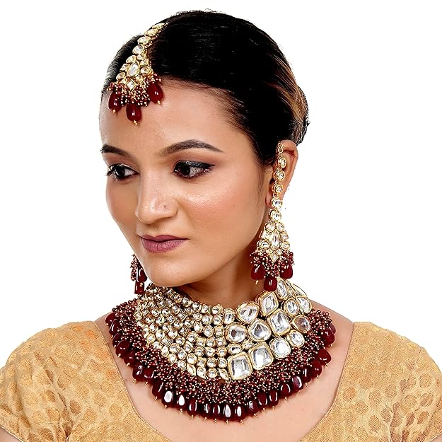 Tehzeeb Creation Meenakari 18K Gold plated Maroon color Uncut dibbi Kundan Combo Necklace Set THZ425