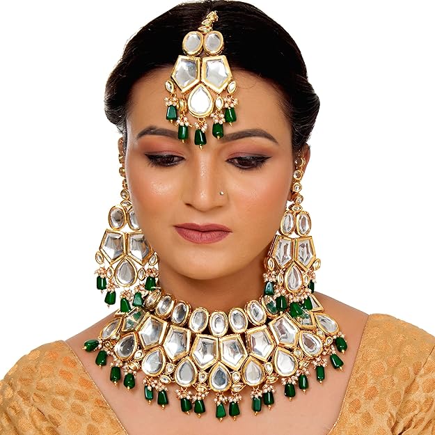 Tehzeeb Creation Meenakari 18K Gold Plated Green Color Rectangular Shape Uncut Kundan Combo Necklace Set THZ451