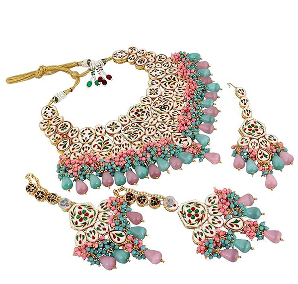 Tehzeeb Creation Meenakari 18K Gold plated Multi color Uncut dibbi Kundan Combo Necklace Set THZ418