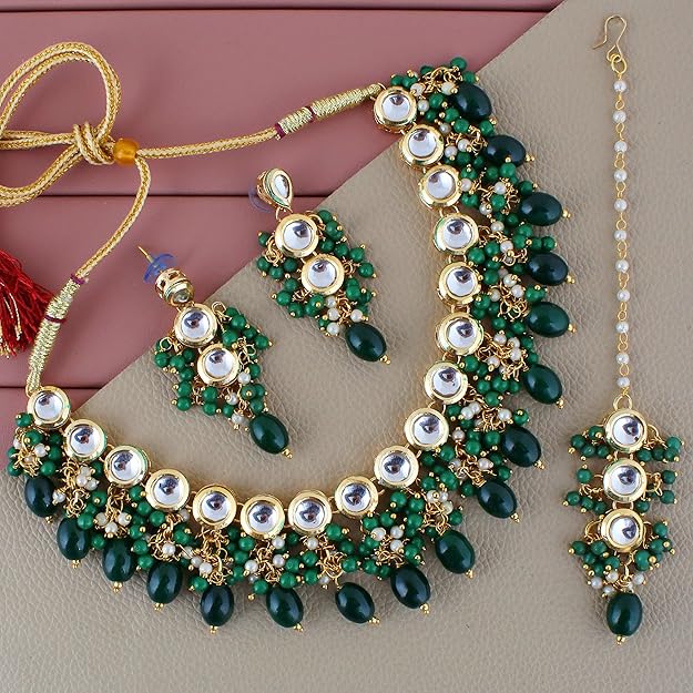 Tehzeeb Creation Back Meenakari 18k Gold Plated Tika Earring Combo Uncut Big Faux Kundan Choker Necklace set THZ419