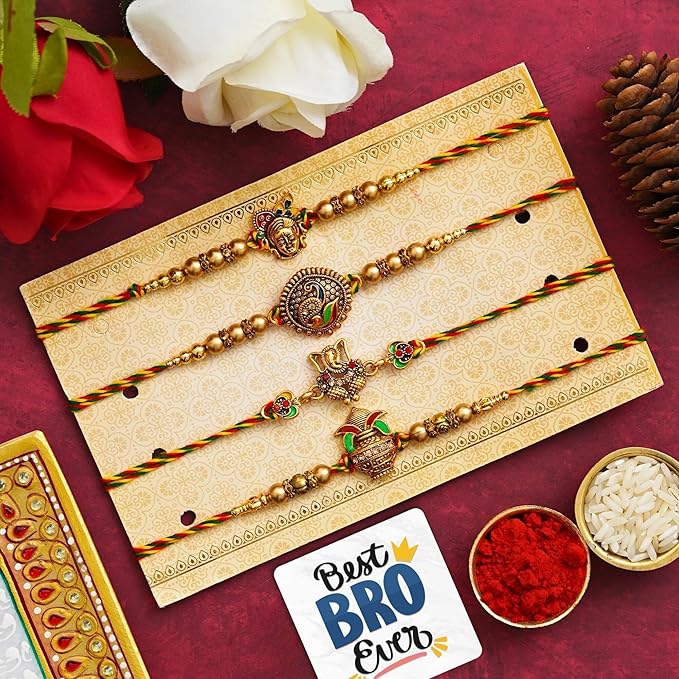Set of 4 Lord Ganesha, Peacock, Krishna & Kalash Designer Rakhis with Roli Chawal Pack and Best Bro Ever Fridge Magnet - Rakhi for Brother
