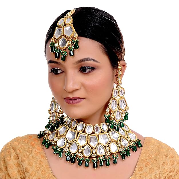 Tehzeeb Creation Meenakari 18K Gold Plated Green Color Rectangular Shape Uncut Kundan Combo Necklace Set THZ451