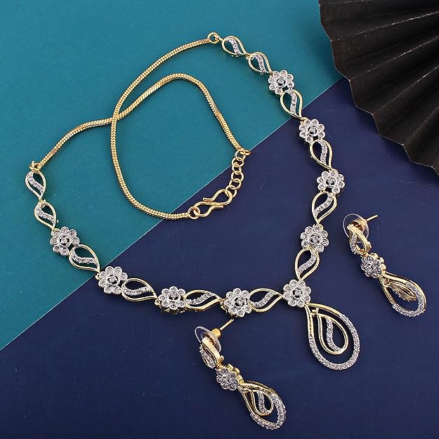 Tehzeeb Creation  Gold Plated American Diamond (AD) White Color Pendant Set for Girls & Women  THZ437