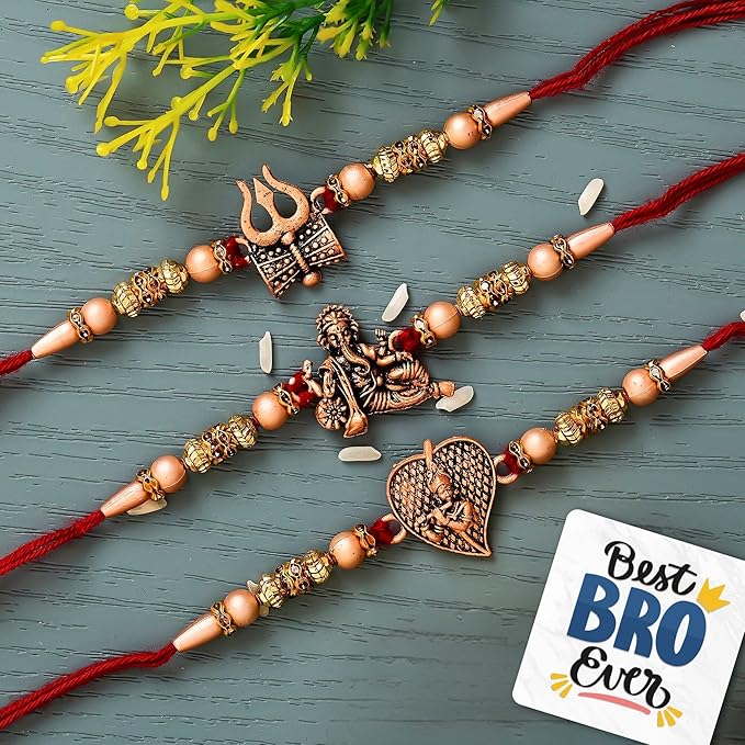 Set of 3 Red & Golden Trishul with Damru, Lord Ganesha, & Lord Krishna Playing Flute Religious Rakhis with Roli Chawal Pack and Best Bro Ever Fridge Magnet