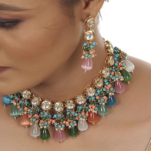Tehzeeb Creation Back Meenakari 18k Gold Plated Multicolor Color Tika Earring Combo Jewellery Set Uncut Big Faux Kundan Dibbi Kundan Choker Necklace Set for Girl's & Women THZ445