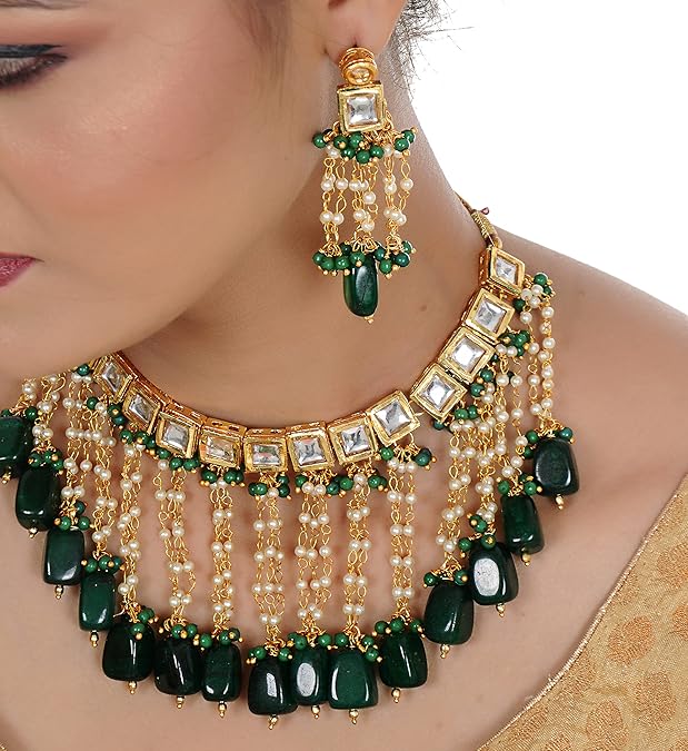 Tehzeeb Creation Back Meenakari 18k Gold Plated Tika Earring Combo Jewellery Set Uncut Kundan Big Faux Kundan Dibbi Kundan Choker Necklace Set for Girl's & Women THZ431