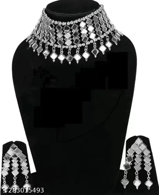 WOMENS SILVER OXIDISED MIRROR DESING NACKLACE SET WITH BANGEL  THZ093