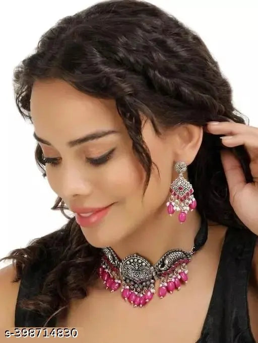 WOMENS SILVER PLEATED NACKLACE SET WITH RANI COLOUR PEARL  THZ095