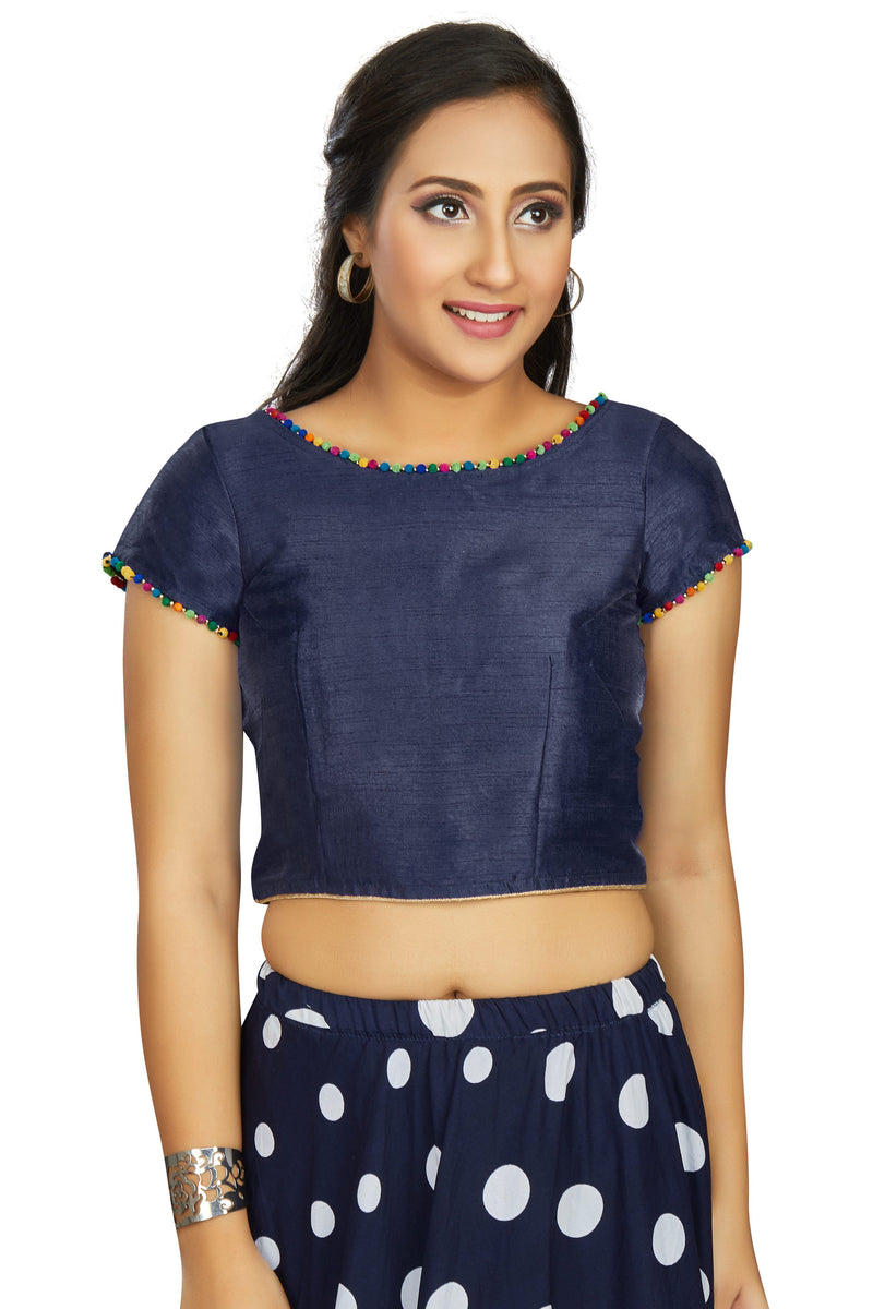 Aastha fashion Navy Blue Art Slik Boat Neck Blouse Work Plain