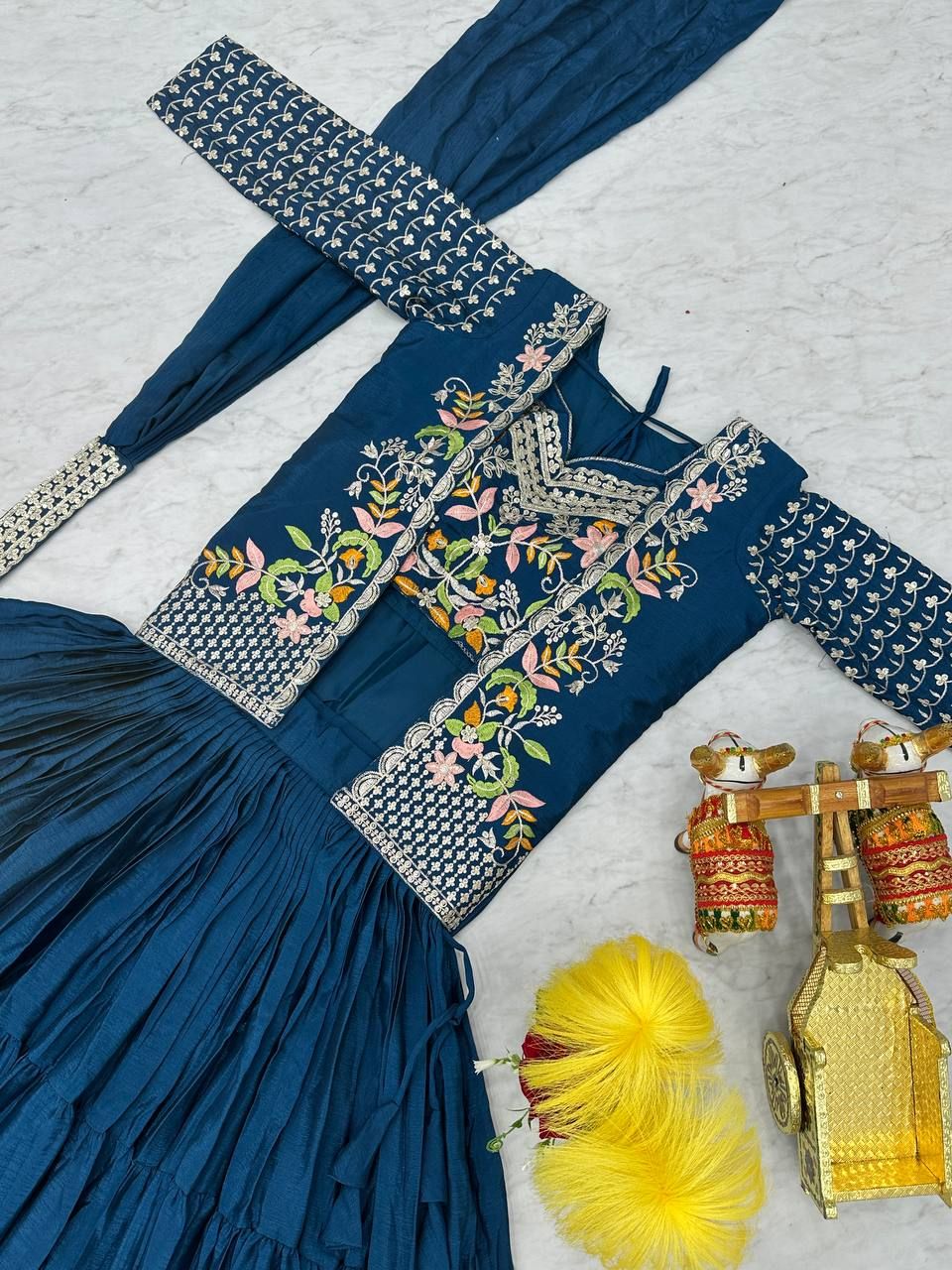 Aastha fashion Teal pure Chinon lehanga blouse Heavy embroidery Thared Work