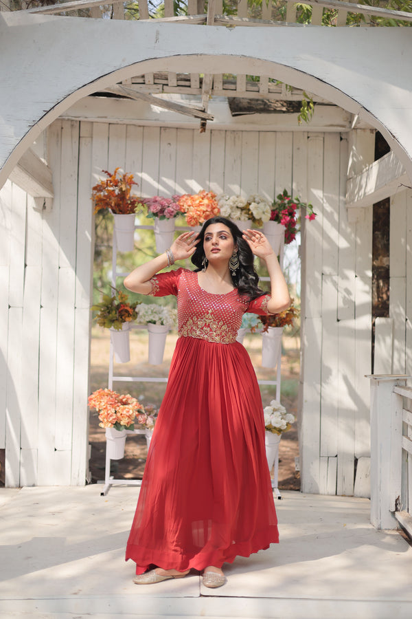 Aastha Orange with Gown Blooming Faux Georgette Embroidery Zari Sequins-work