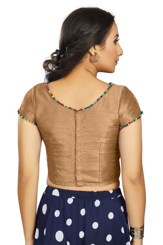 Aastha fashion Beige Art Slik Boat Neck Blouse Work Plain