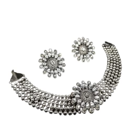 WOMENS SILVER COLOUR OXIDISED NACKLACE AND EARRINGS WITH KUNDAN  THZ009