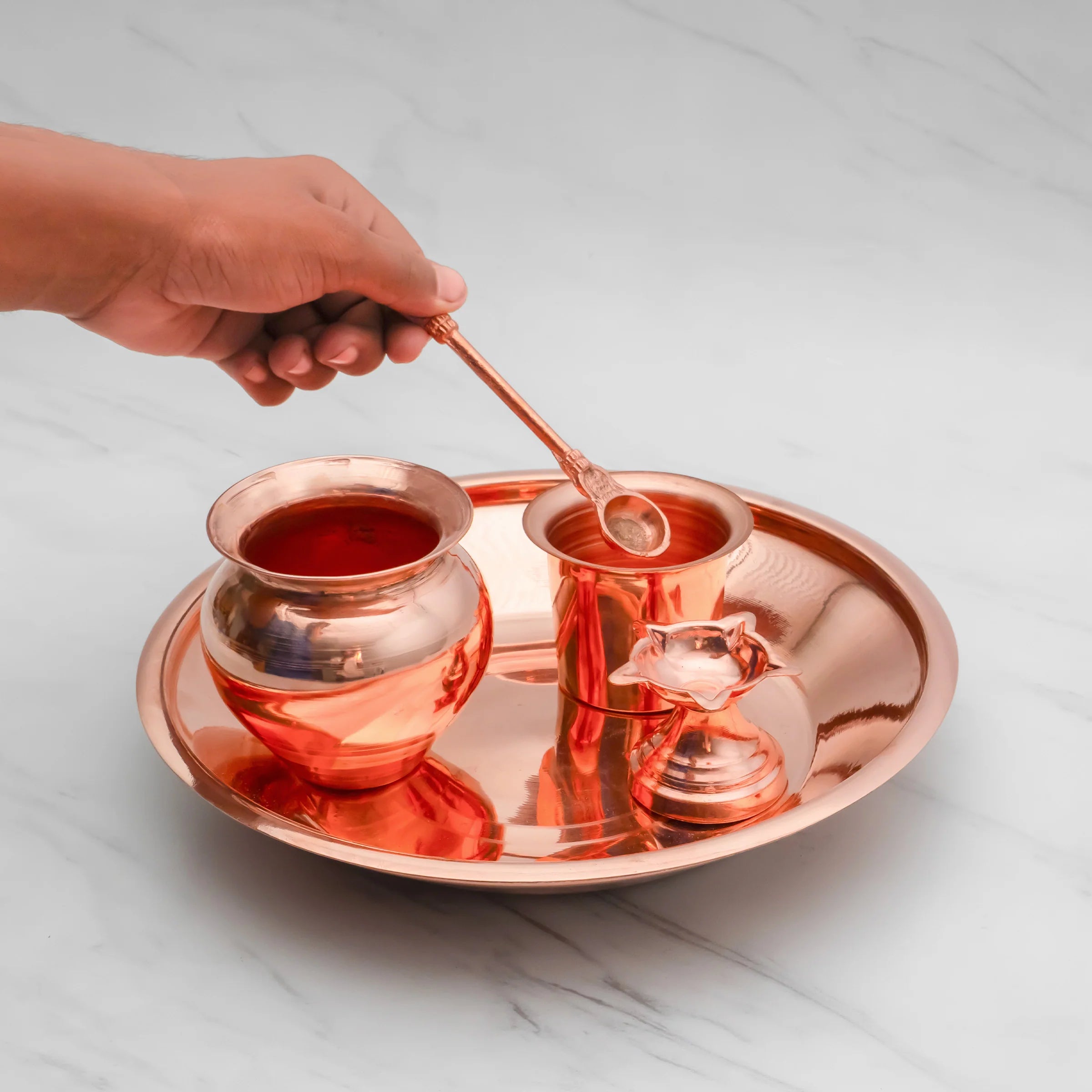 Health Smith Pure Copper Pooja Thali Set - 5 Items | Pooja Thali Set with 1 Plate, 1 Kalash, 1 Fullpatra, 1 Pali, and 1 Niranjan