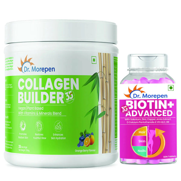 Dr. Morepen Biotin+ Advanced Tablets and Natural Collagen Builder, Orange Berry Flavour Combo -combo