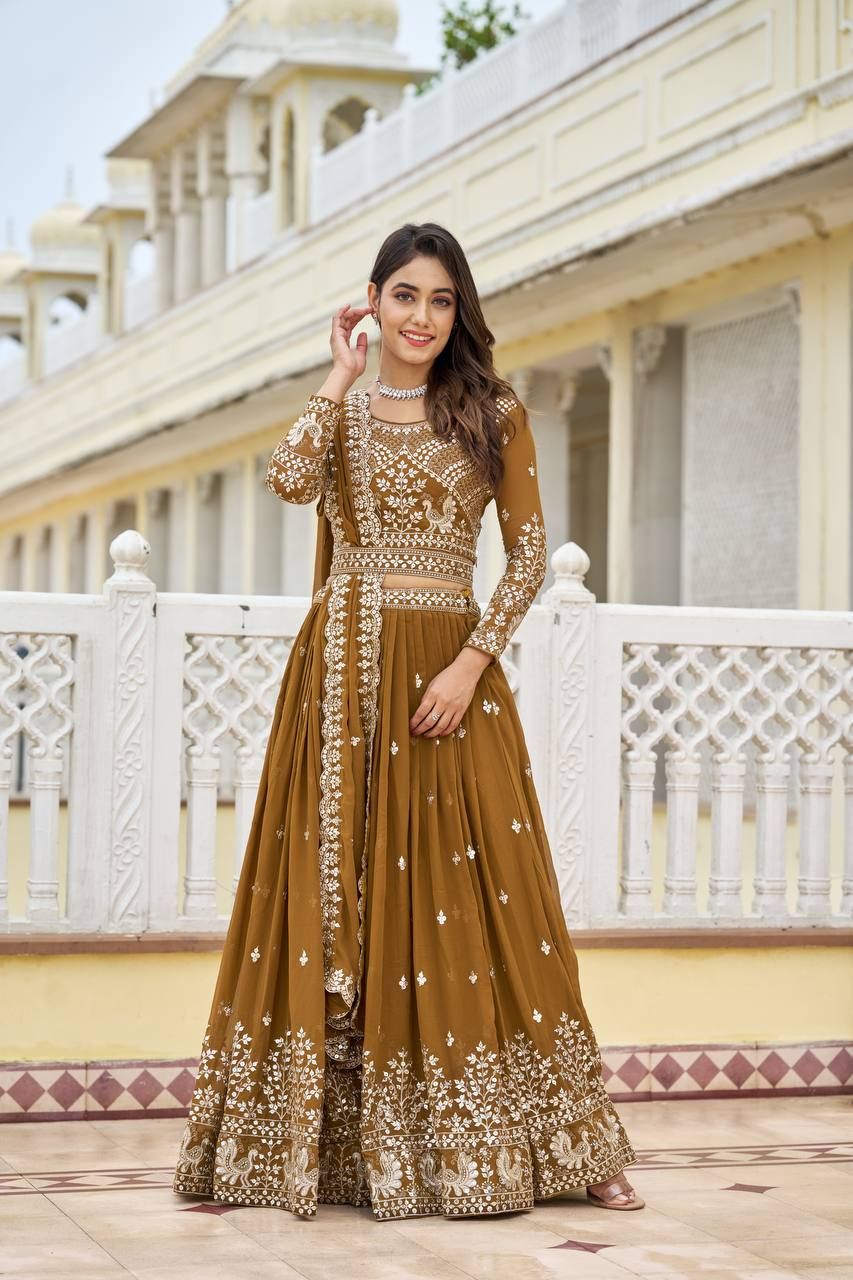 Aastha fashion Mustard Heavy Fox Georgette lehanga blouse Embroidery 7mm Sequence Work with Belt