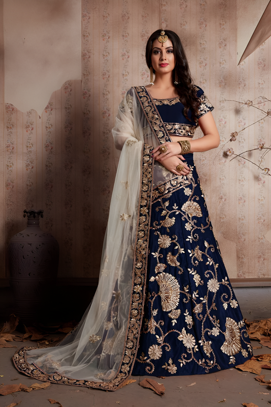 Aastha fashion blue semi velvet slik lehanga blouse fabric embroidery work