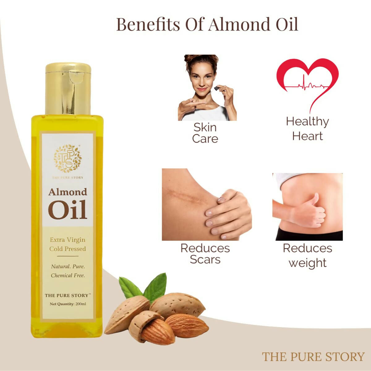 The Pure Story Sweet Almond Oil Pure Cold Pressed For Hair, Skin, Face Care & Massage