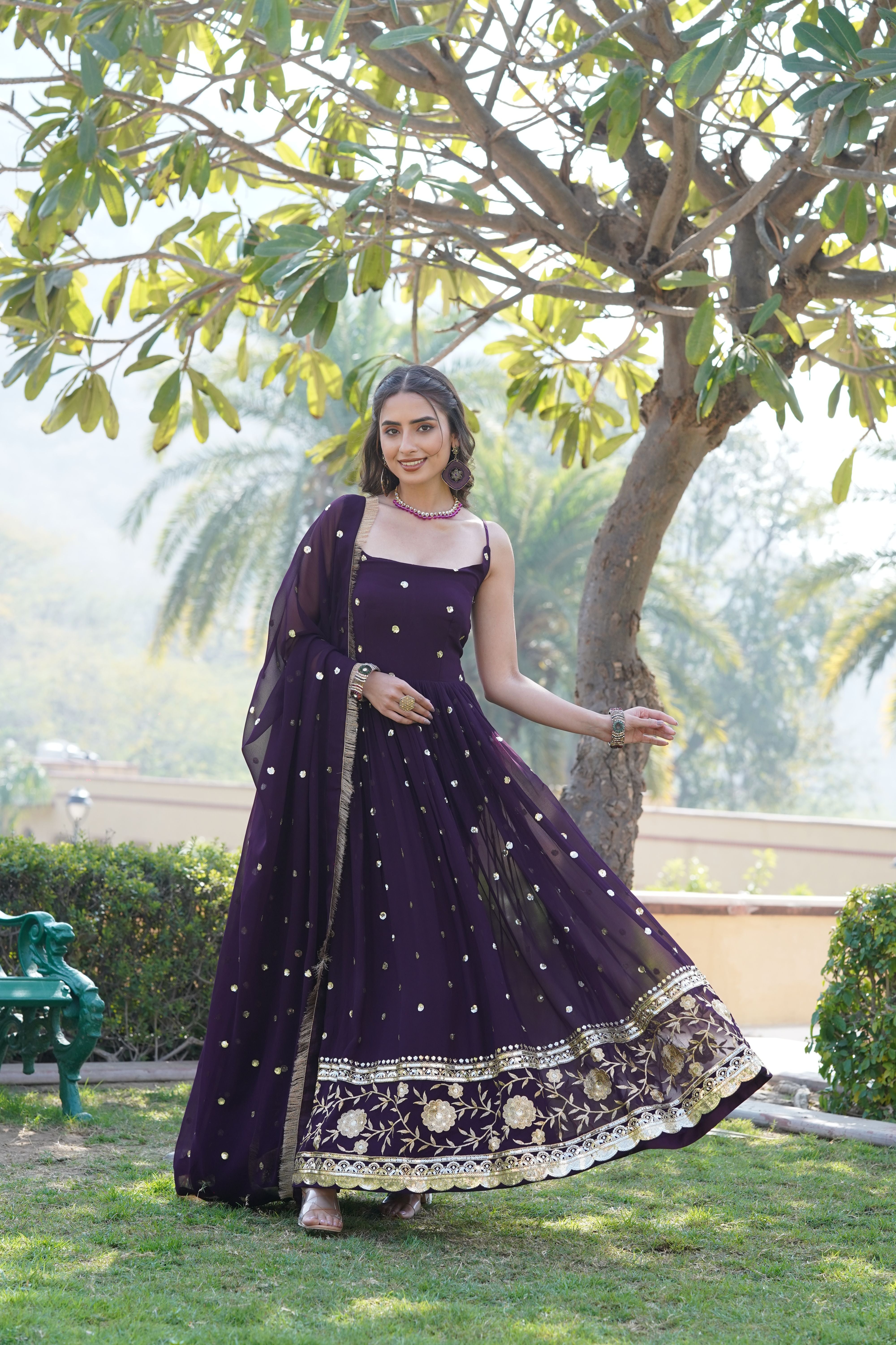 Aastha Wine Faux Georgette with Gown fabric Printed