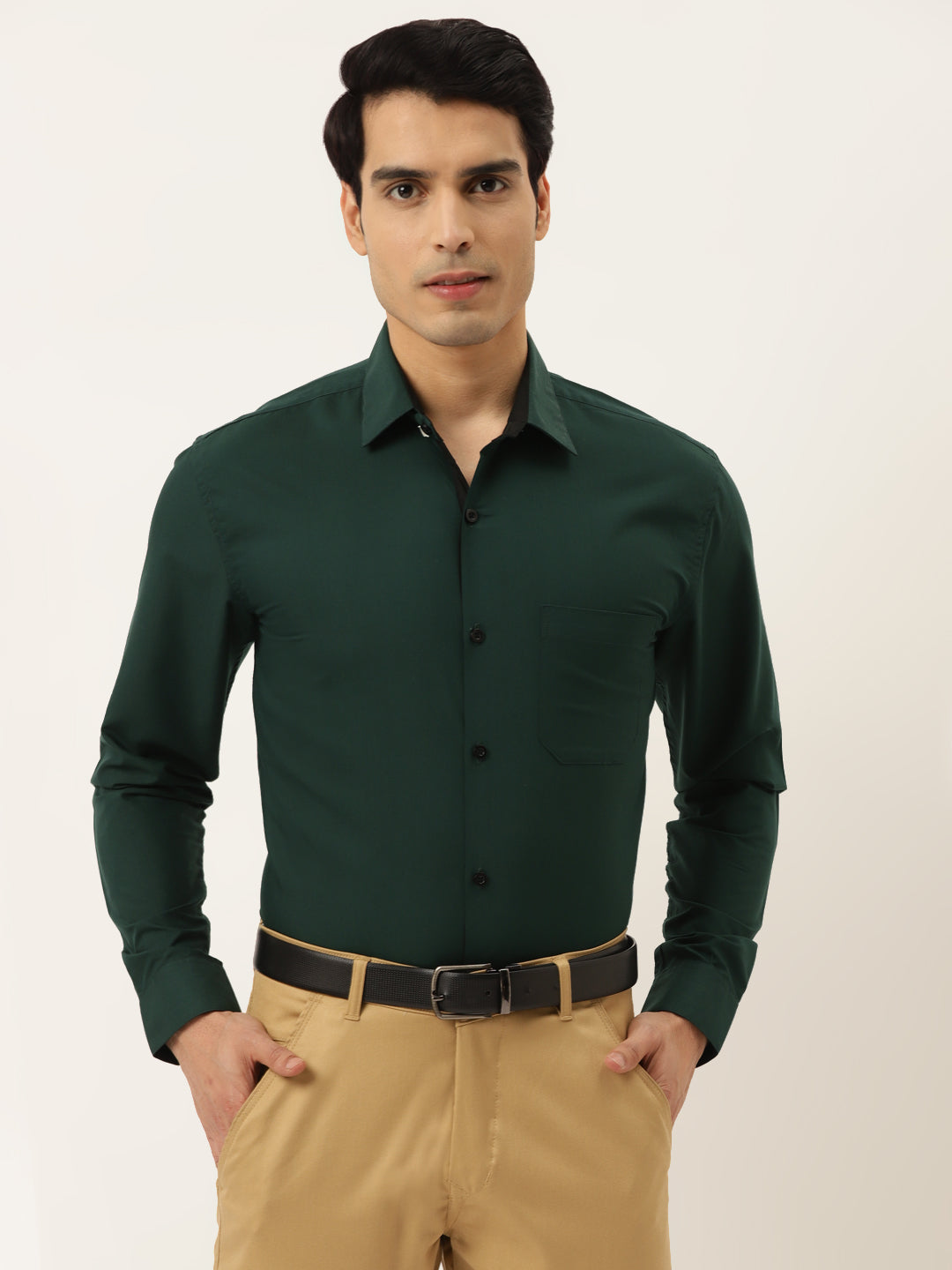 Indian Needle Olive Green Formal Shirt with black detailing