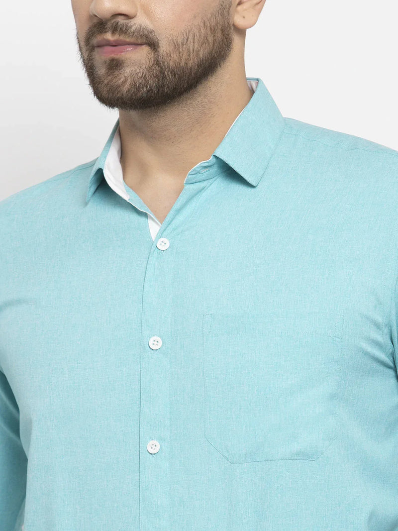 Jainish Aqua Blue Formal Shirt with white detailing ( SF 419Aqua )