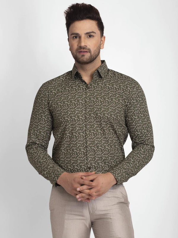 Jainish Olive Green Printed Formal Shirt ( JSF 426Olive )