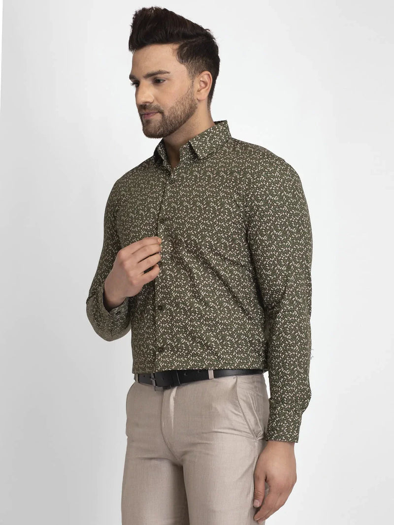 Jainish Olive Green Printed Formal Shirt ( JSF 426Olive )