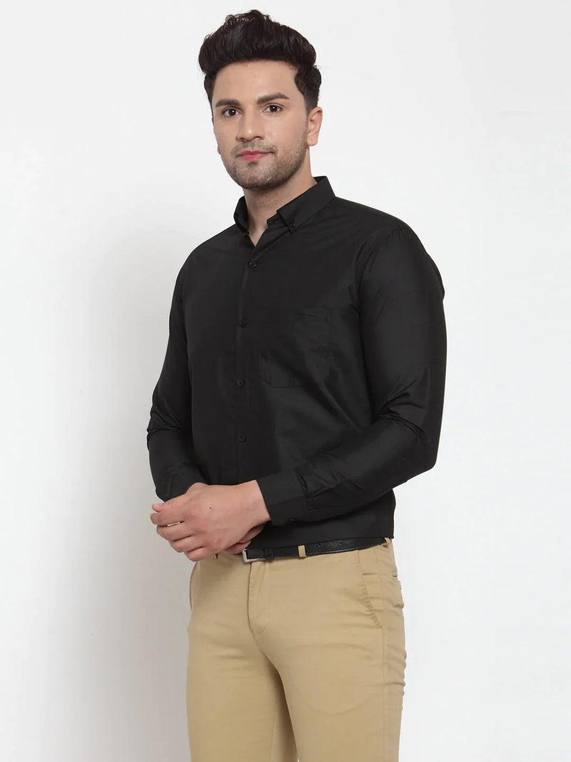 Jainish Black Men's Cotton Solid Button Down Formal Shirts ( SF 713Black )