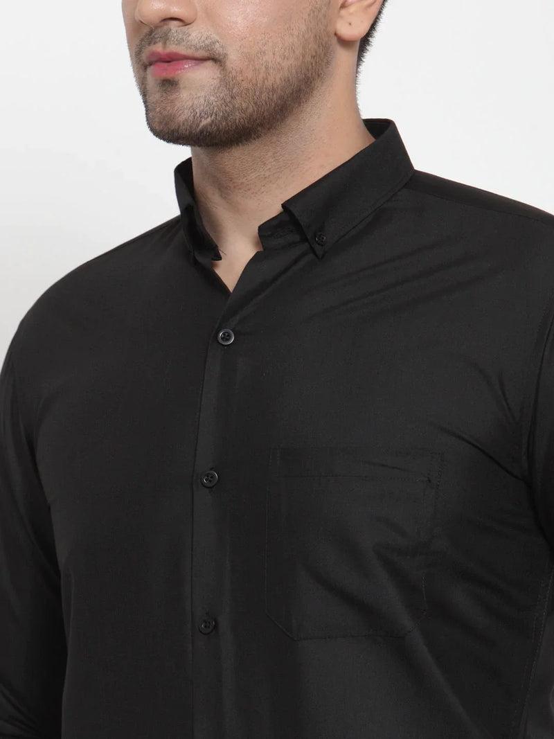 Jainish Black Men's Cotton Solid Button Down Formal Shirts ( SF 713Black )