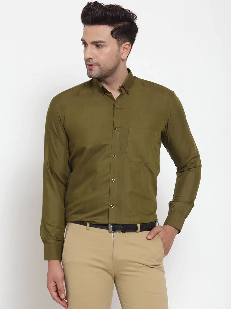 Jainish Green Men's Cotton Solid Button Down Formal Shirts ( SF 713Olive )