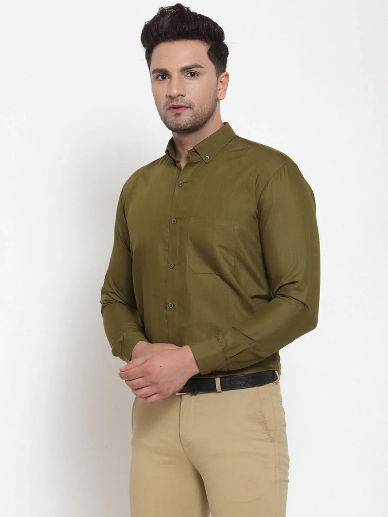 Jainish Green Men's Cotton Solid Button Down Formal Shirts ( SF 713Olive )