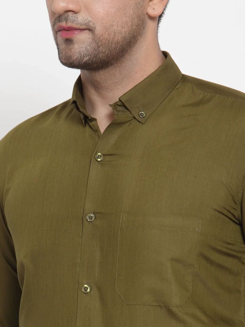 Jainish Green Men's Cotton Solid Button Down Formal Shirts ( SF 713Olive )