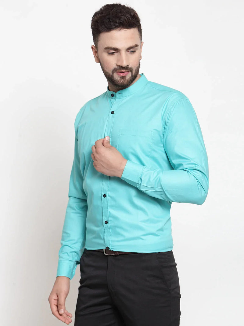 Jainish Green Men's Cotton Solid Mandarin Collar Formal Shirts ( SF 726Aqua )