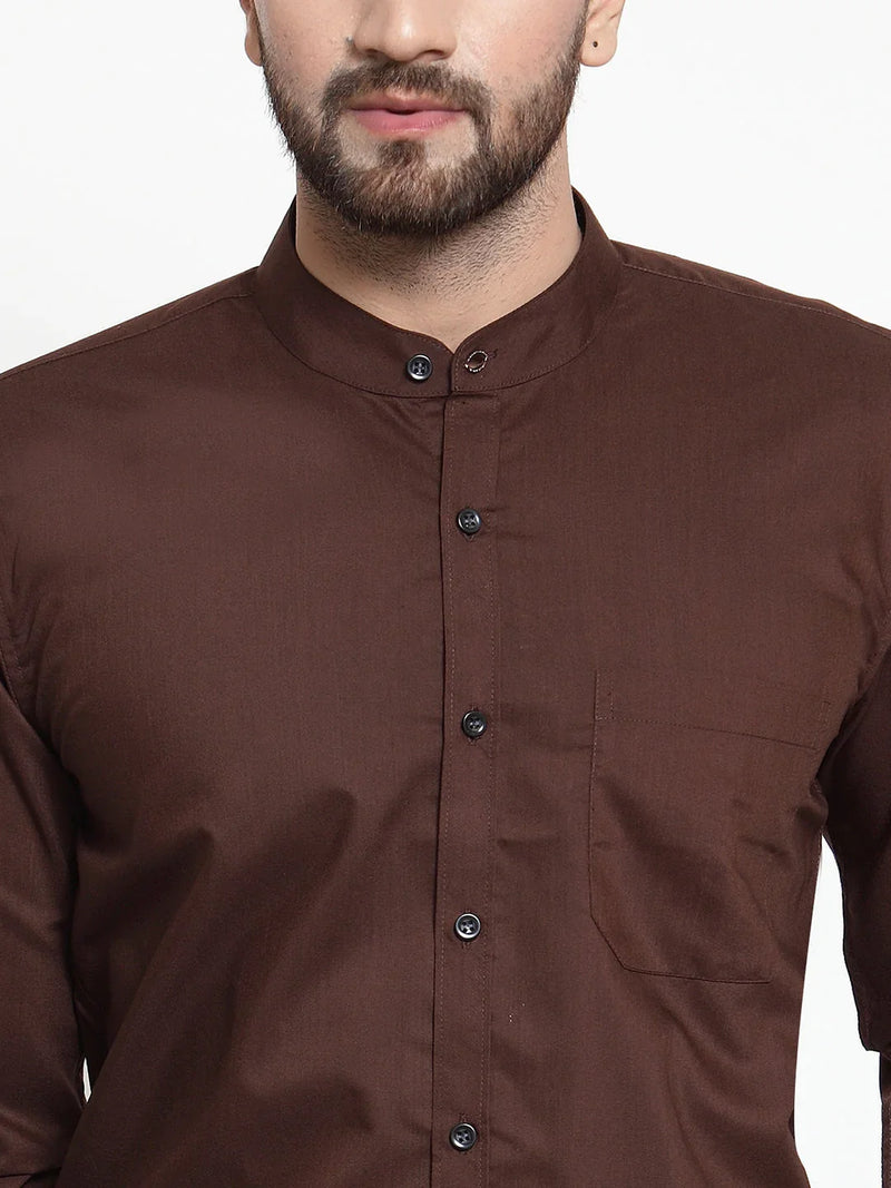 Jainish Brown Men's Cotton Solid Mandarin Collar Formal Shirts ( SF 726Coffee )