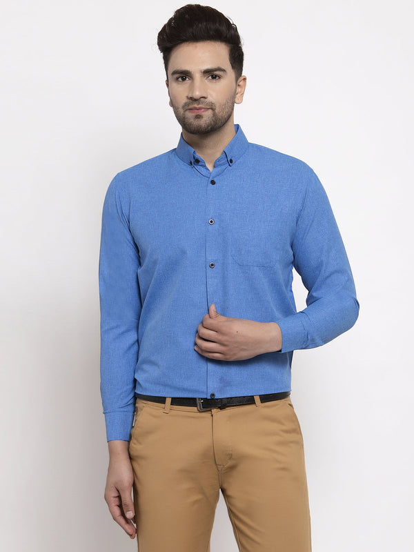 Indian Needle Blue Men's Cotton Solid Button Down Formal Shirts