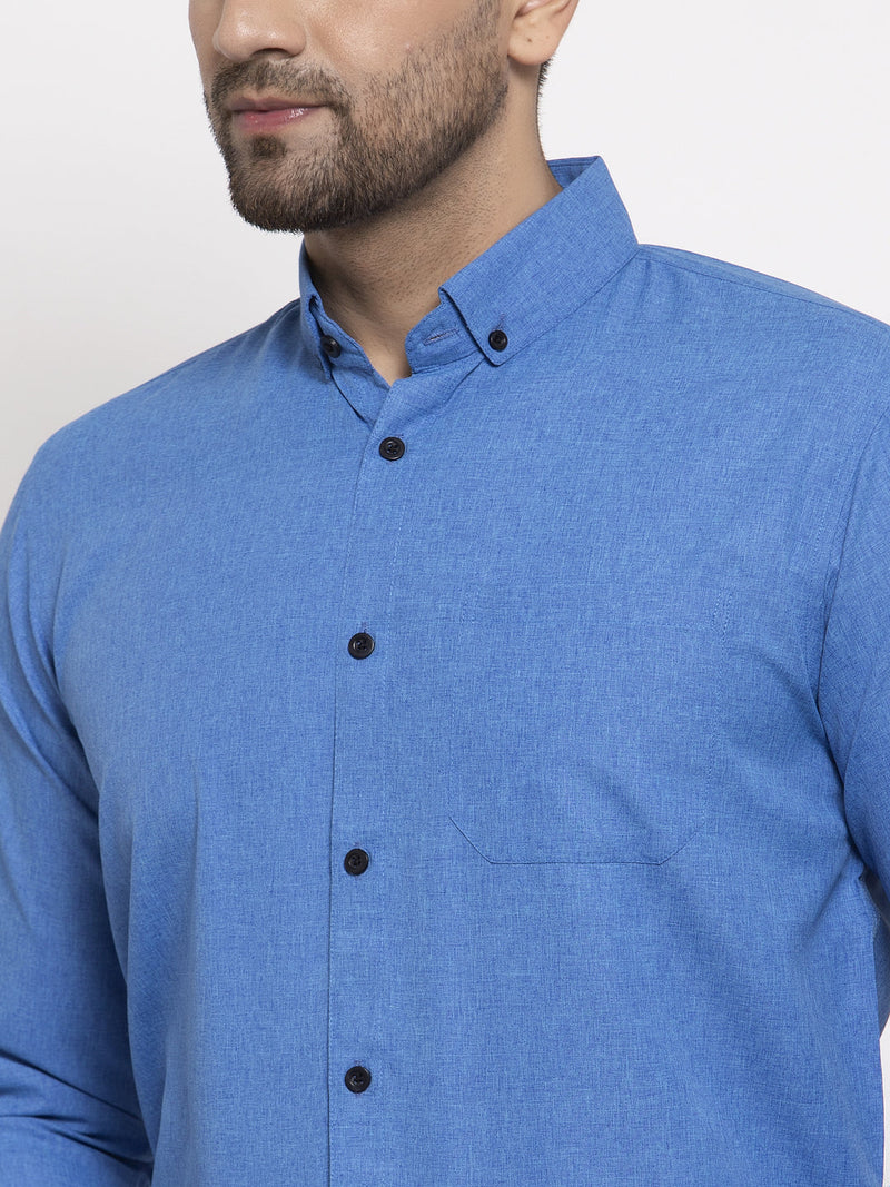 Indian Needle Blue Men's Cotton Solid Button Down Formal Shirts