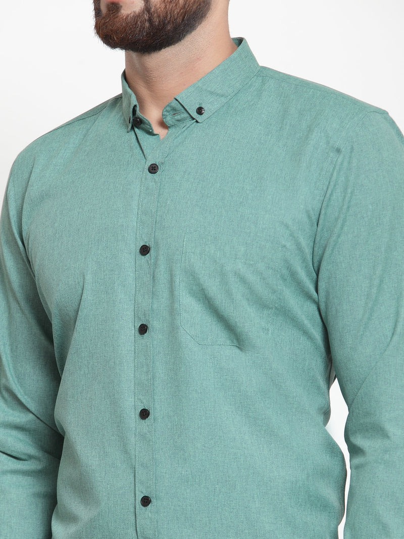 Indian Needle Green Men's Cotton Solid Button Down Formal Shirts