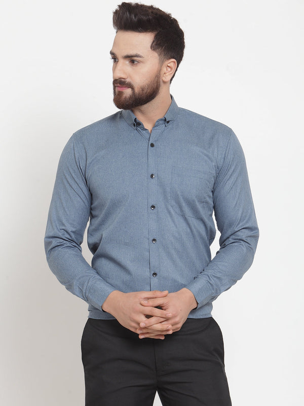 Indian Needle Grey Men's Cotton Solid Button Down Formal Shirts