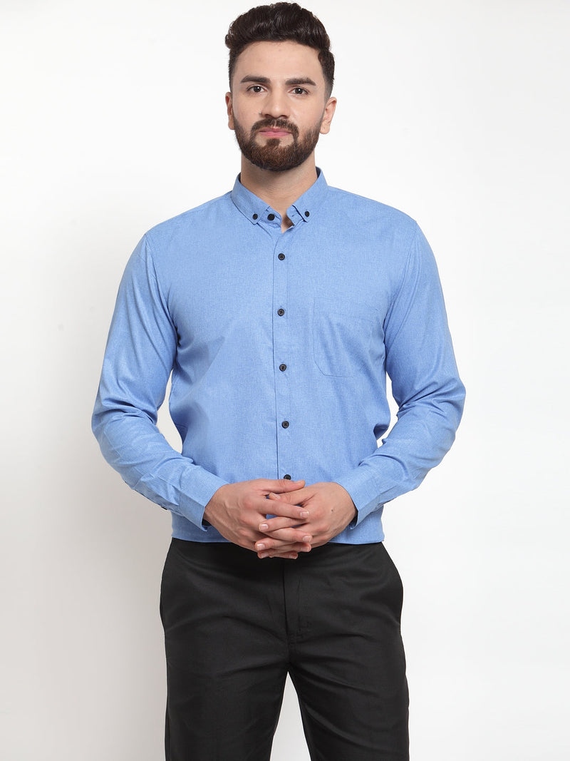 Indian Needle Blue Men's Cotton Solid Button Down Formal Shirts