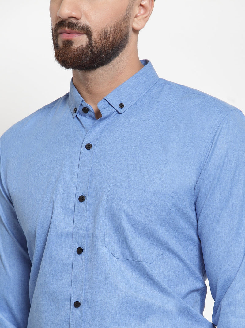 Indian Needle Blue Men's Cotton Solid Button Down Formal Shirts