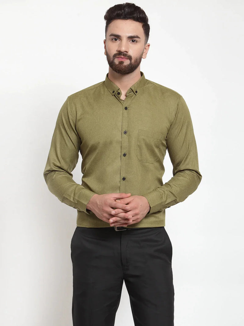 Jainish Olive Men's Cotton Solid Button Down Formal Shirts ( SF 734Olive )